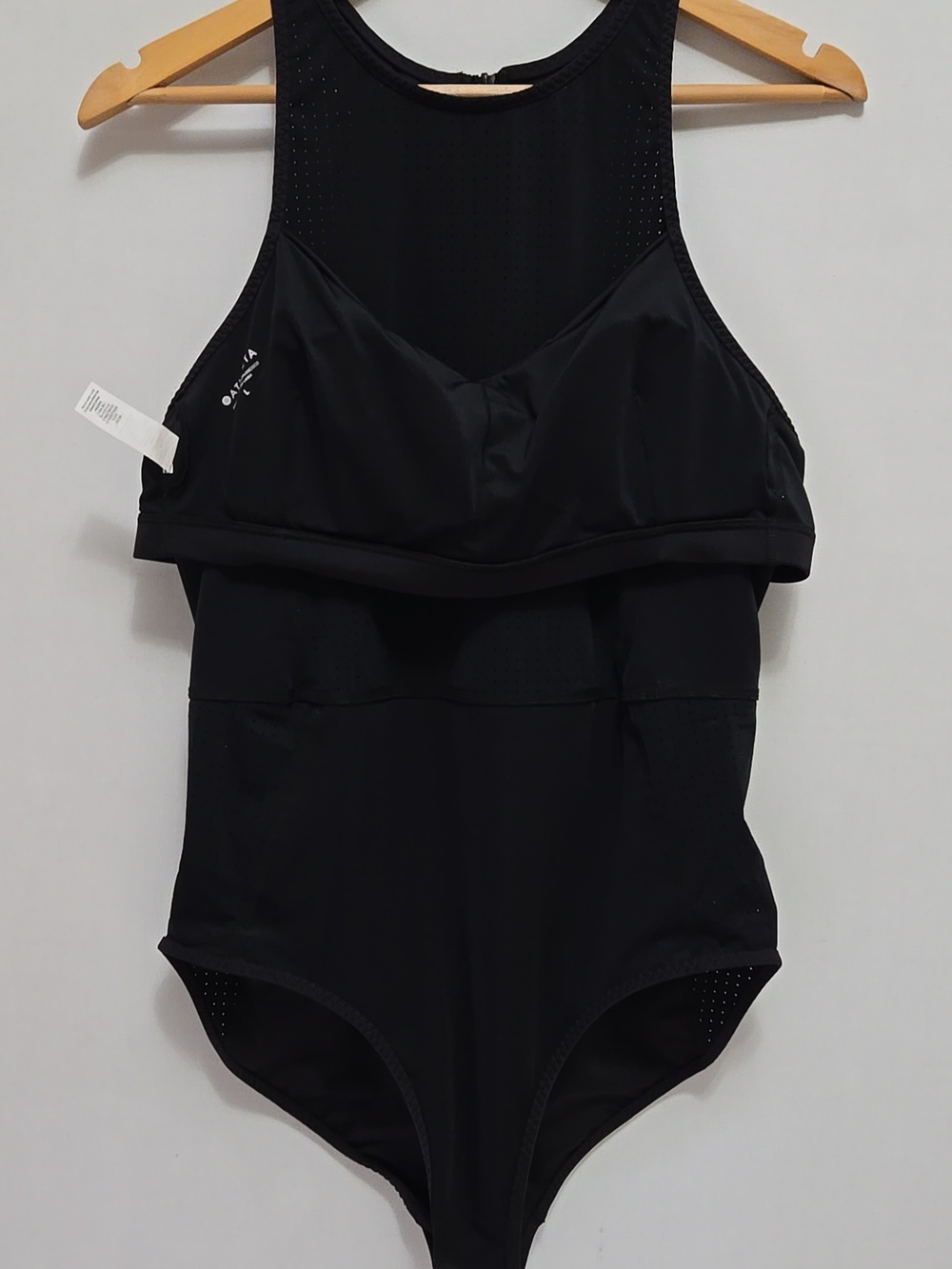 Athleta Cross Train Black One Piece Swimsuit Racerback Zipper Leash Pull Cord L - Picture 15 of 16